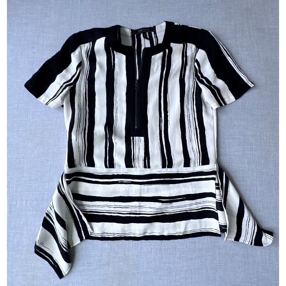 BCBG Maxazria Black White Striped Blouse Top XXS Zip Front Asymmetrical Hem